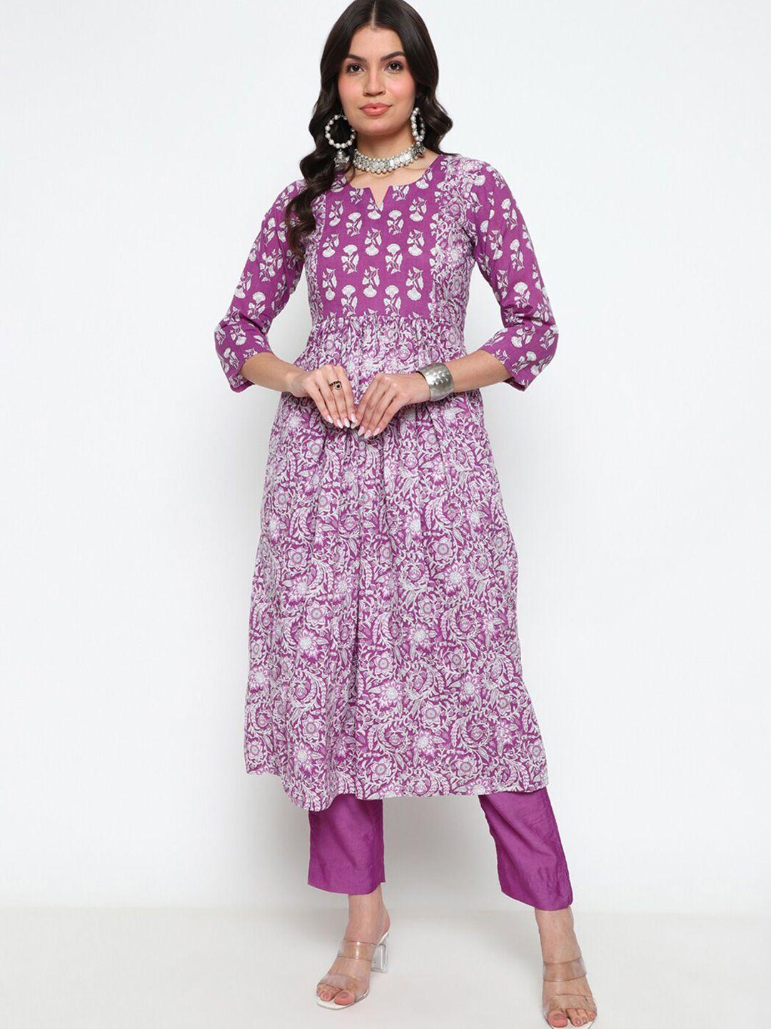 auriella floral printed pleated pure cotton kurta with trousers