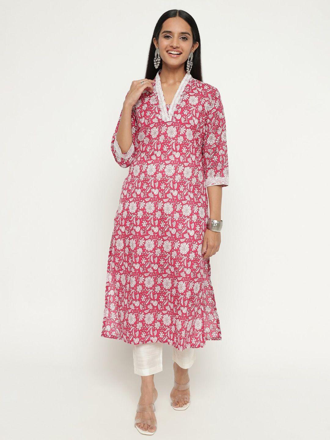 auriella floral printed regular pure cotton kurta with trousers