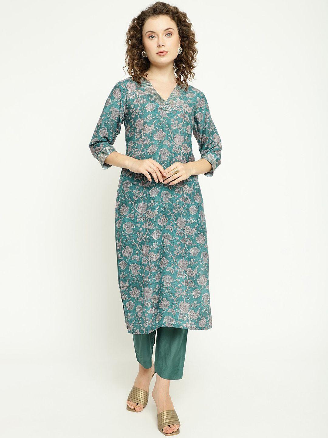 auriella floral printed sequinned regular kurta with trousers