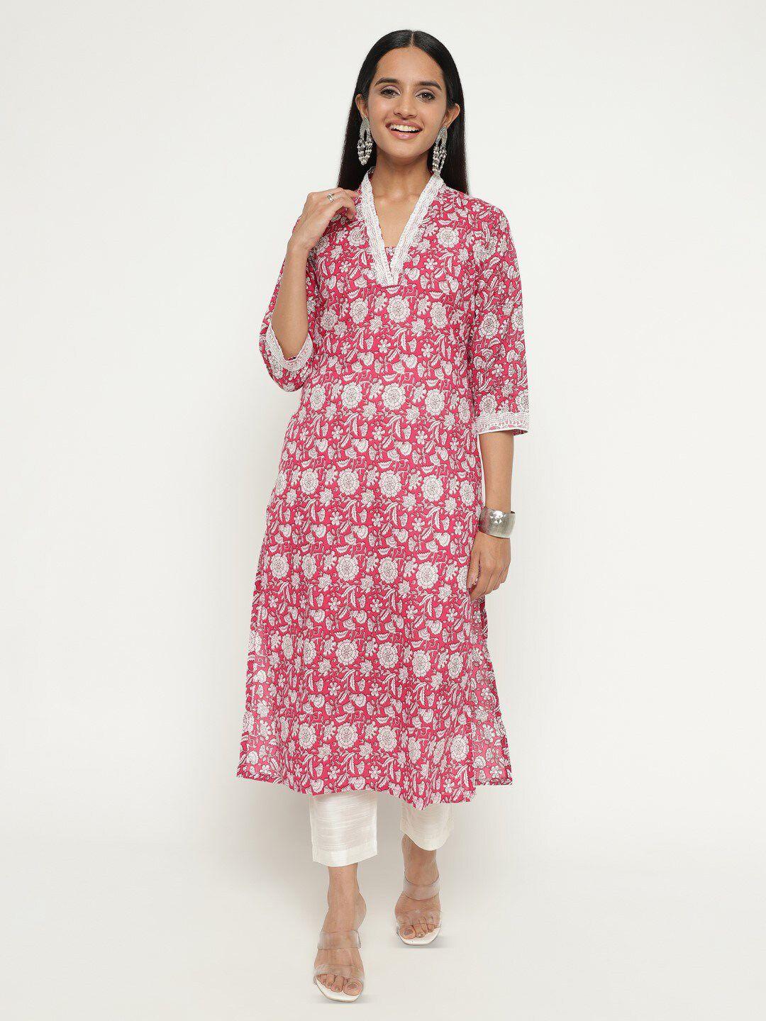 auriella floral printed v-neck lace detail pure cotton kurta