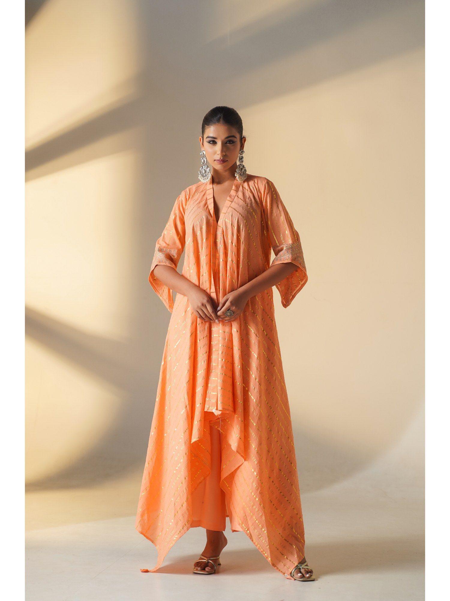 aurora peach cotton zari work embroidered kurta with palazzo (set of 2)