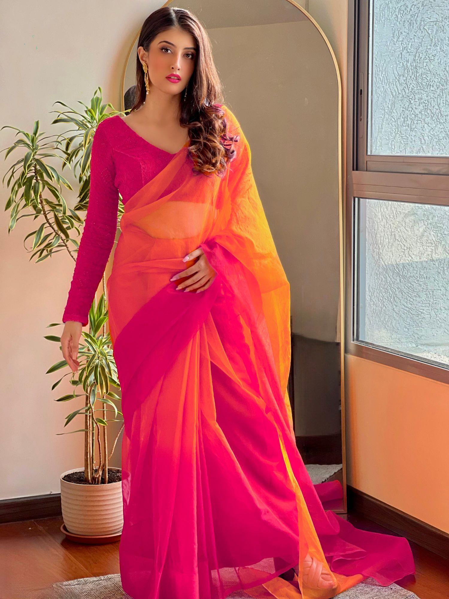 aurora pink ombre saree with stitched blouse