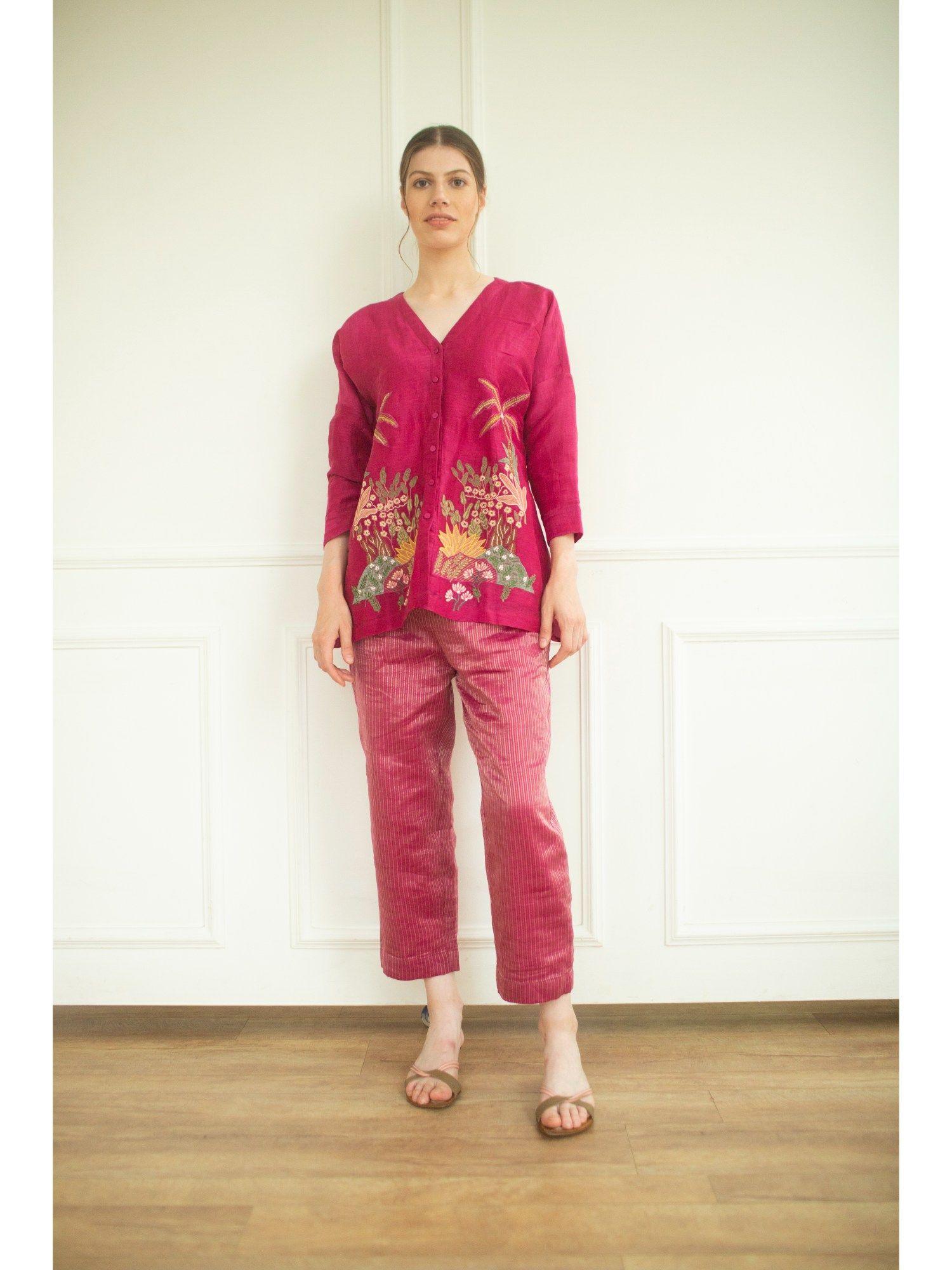 aurum pink embroidered tunic and pant co-ord (set of 2)