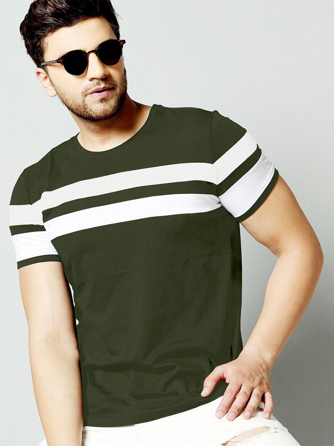ausk men green & white striped colourblocked t-shirt