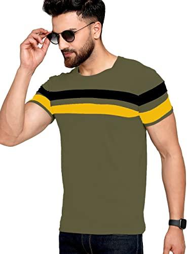 ausk men's regular round neck half sleeves t-shirts (color:green & black & yellow-size:small)