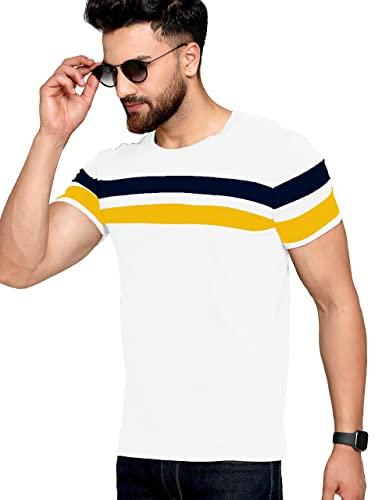 ausk men's regular round neck half sleeves t-shirts (color:white & black & yellow-size:x-large)