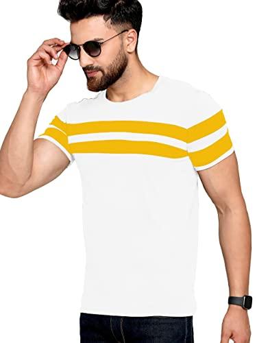 ausk men's regular round neck half sleeves t-shirts (color:white & yellow-size:large)