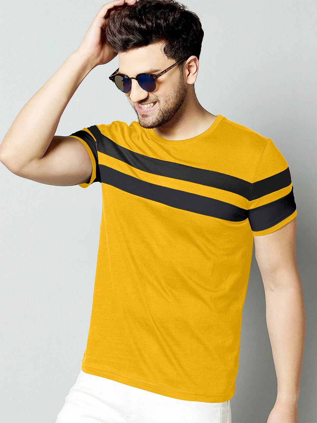 ausk mustard & black colorblocked round neck half sleeve t-shirt