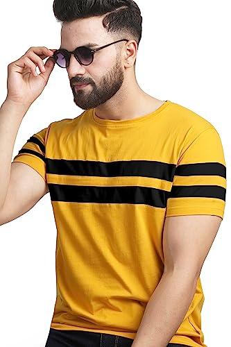 ausk regular fit t-shirt for mens double stripes on chest (color-mustard, size-2xl)