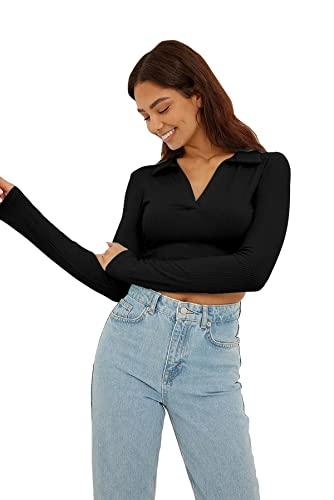 ausk women's regular fit crop top full sleeves polo neck color-black (size-small)
