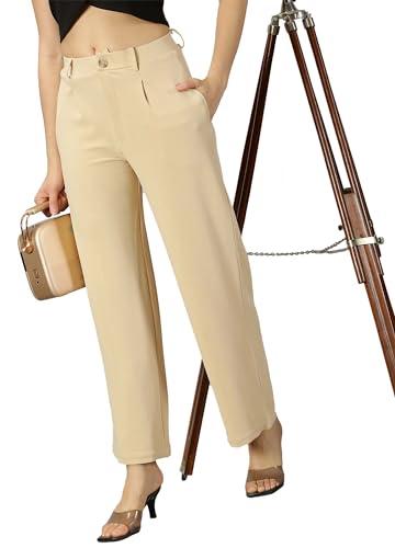 ausk women trouser with button closure || regular fit trousers for womens (color-beige)