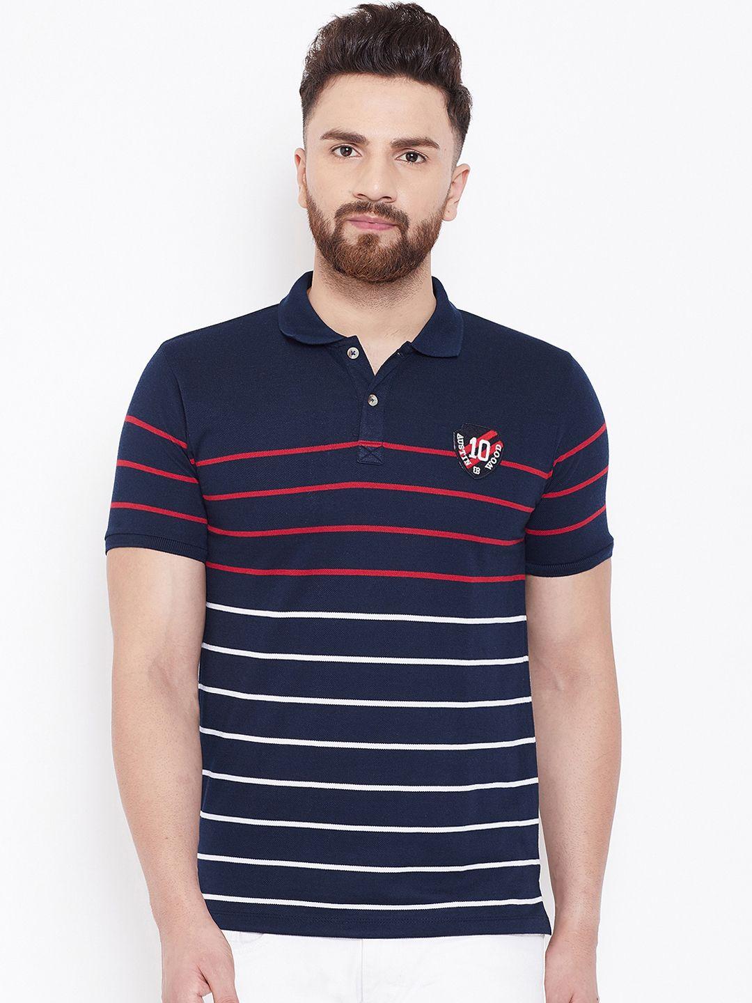 austin wood men navy blue striped polo collar t-shirt