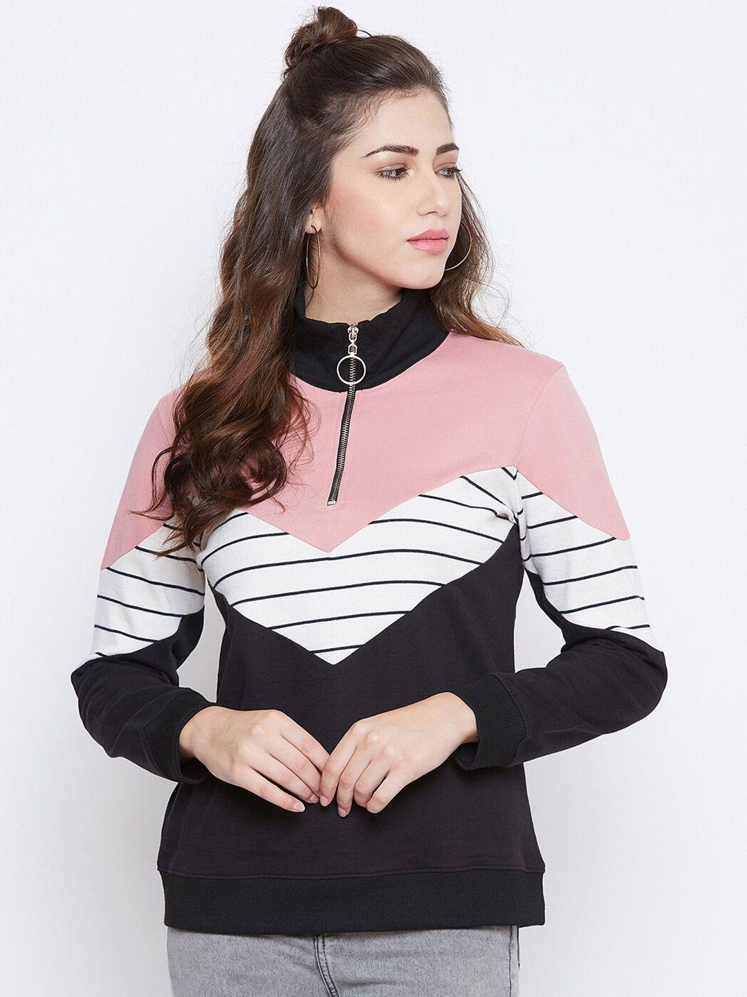 austin wood women pink & black colourblocked cotton sweatshirt