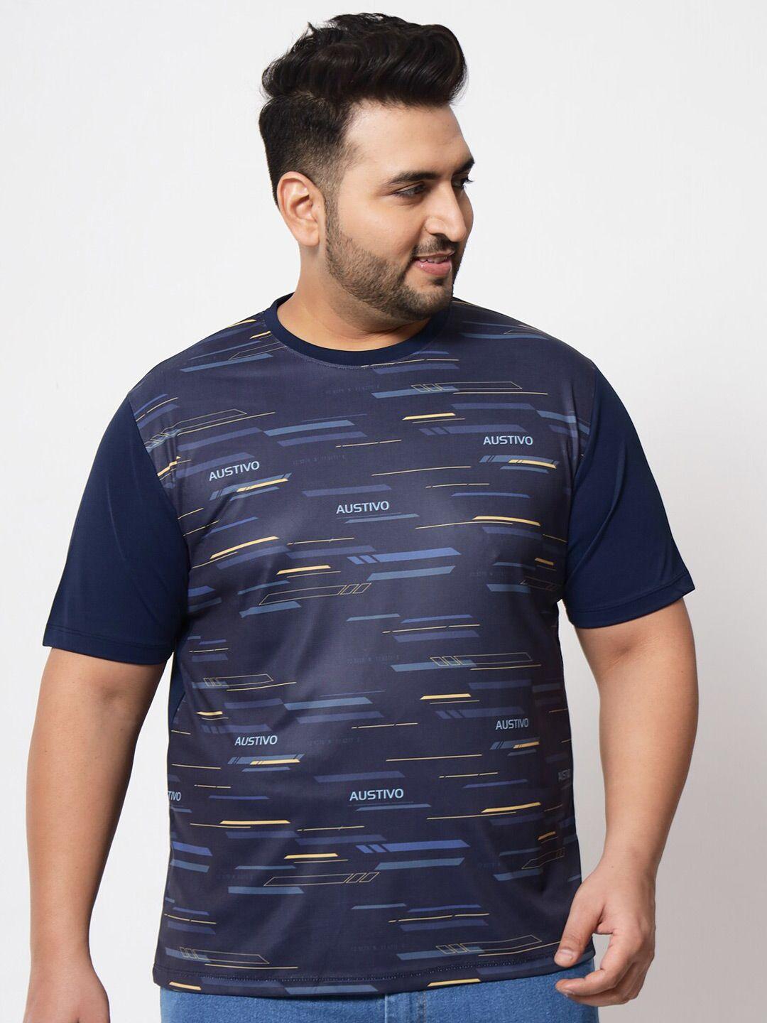 austivo men plus size navy blue & yellow printed round neck t-shirt