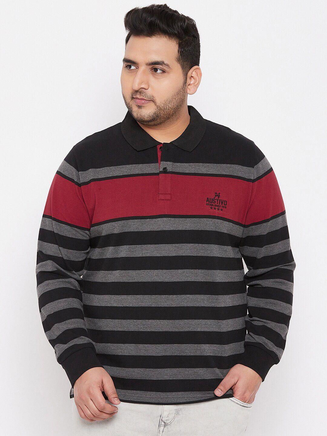 austivo men black & red striped polo collar regular fit t-shirt