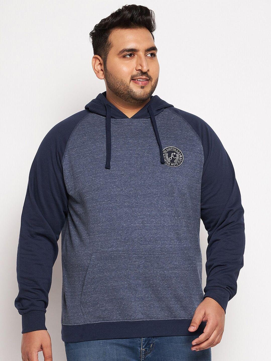 austivo men plus size navy blue colourblocked hooded sweatshirt