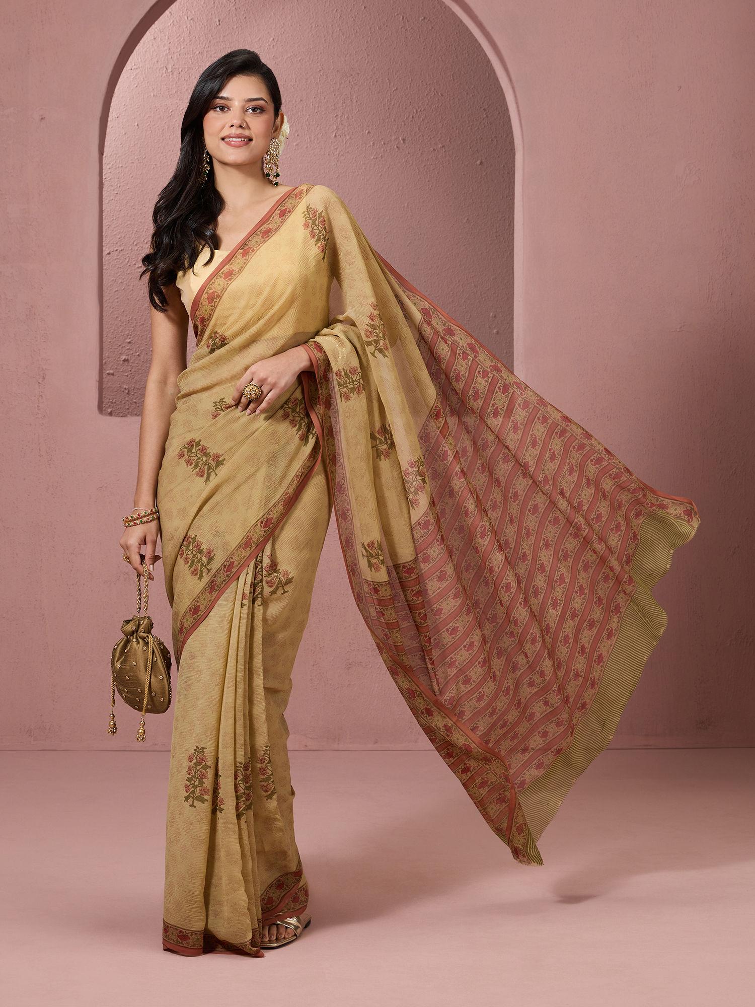 authentic floral hand block printed with border chiffon brown saree & unstitched blouse