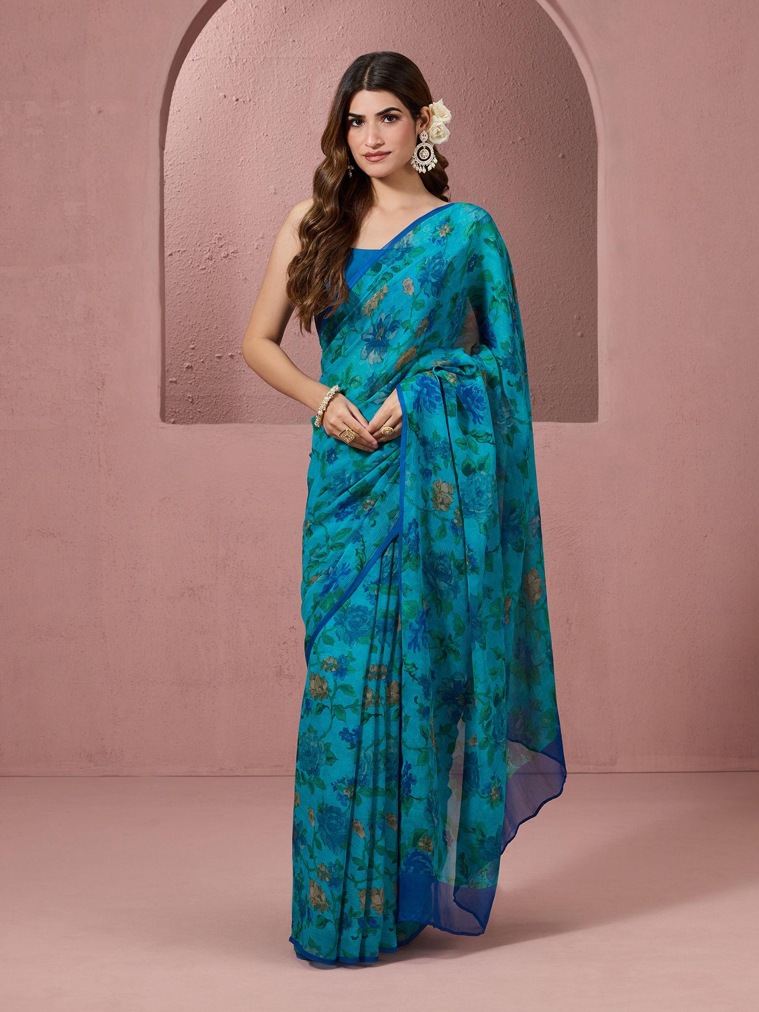 authentic floral intricate multi colour hand block print chiffon blue saree & unstitched blouse