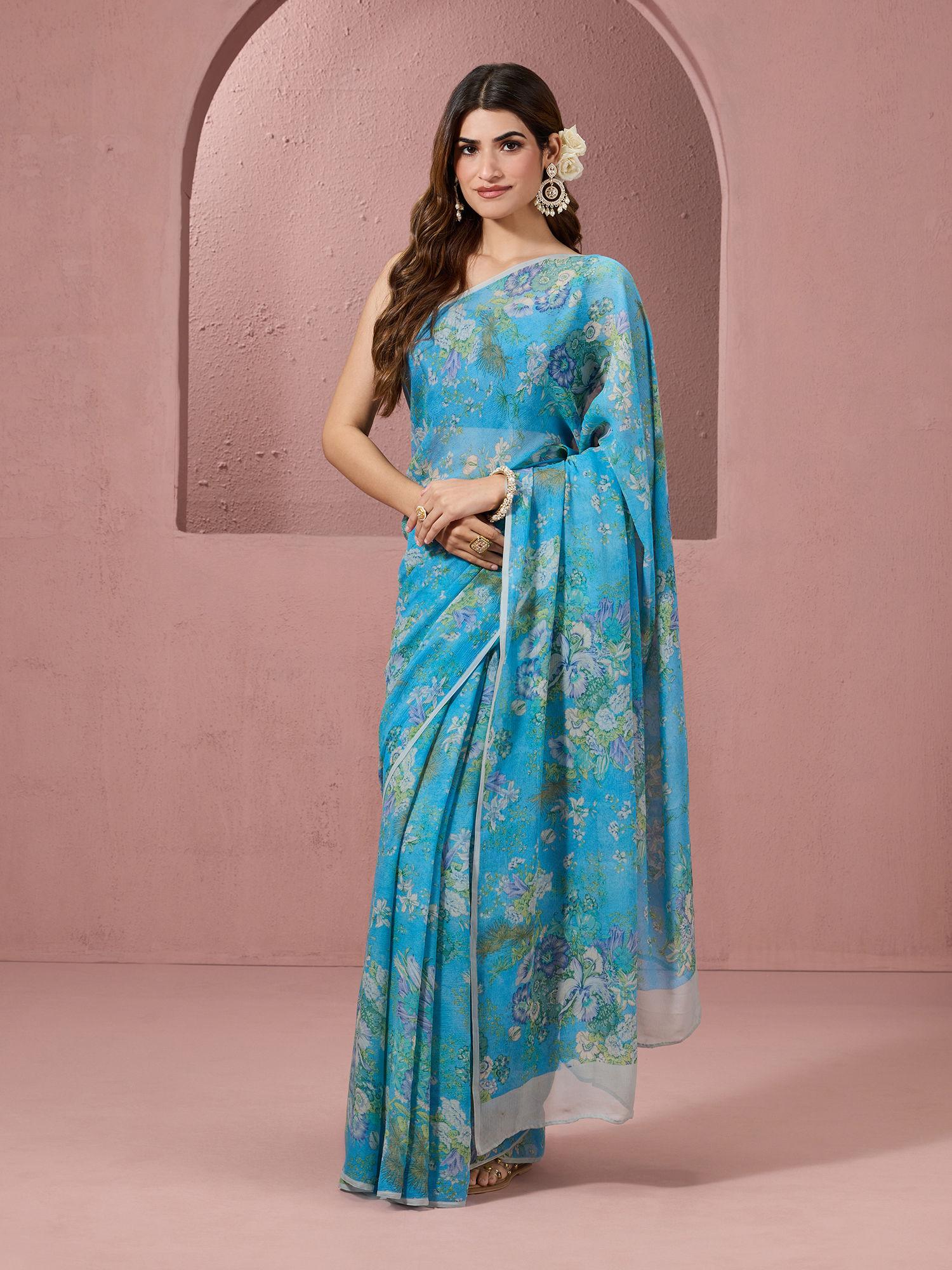 authentic floral intricate multi colour hand block print chiffon blue saree & unstitched blouse