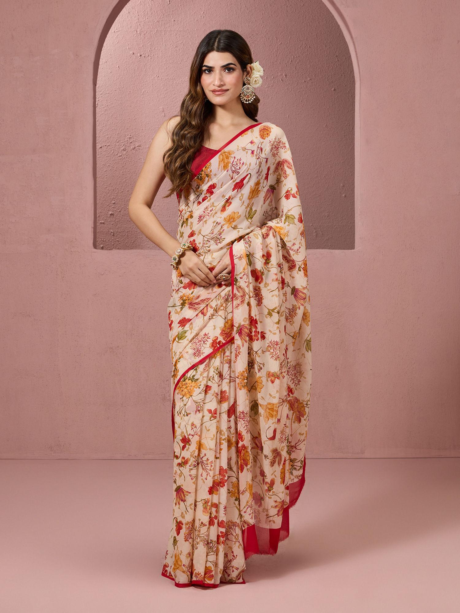 authentic floral intricate multi hand block print chiffon beige saree & unstitched blouse