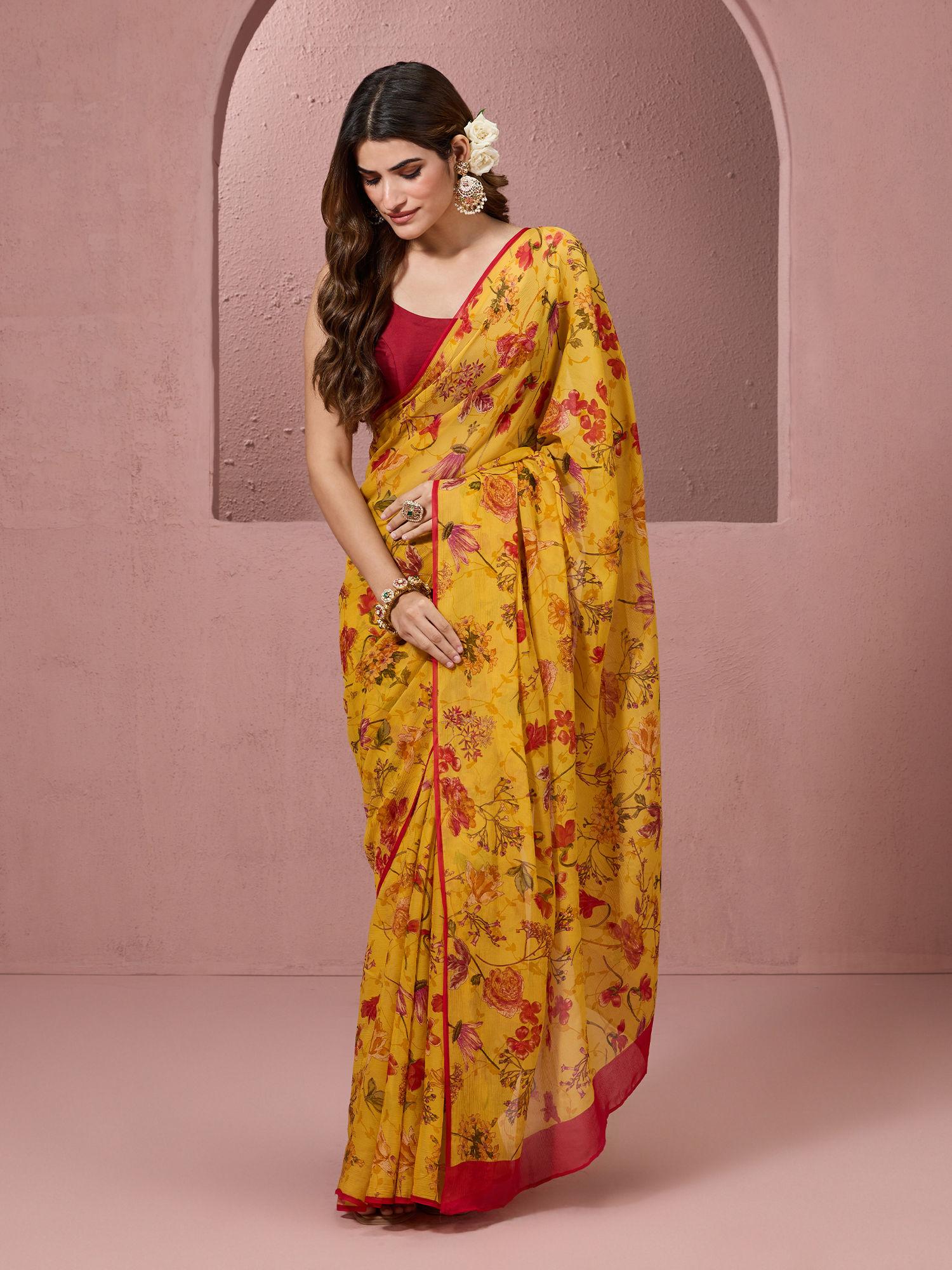 authentic floral intricate multi hand block print chiffon yellow saree & unstitched blouse