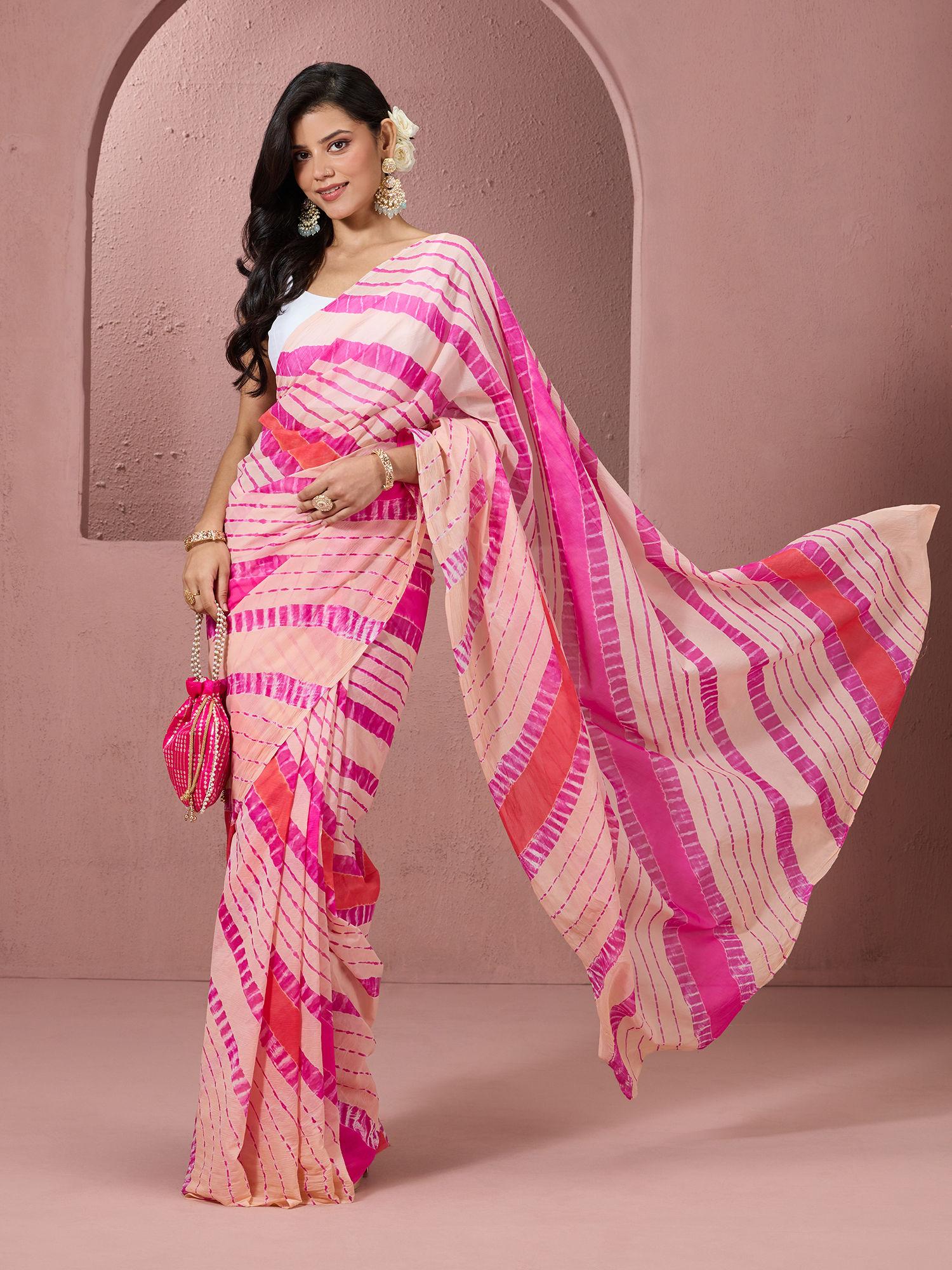 authentic hand dyed contrast leheriya pure chiffon pink saree & unstitched blouse