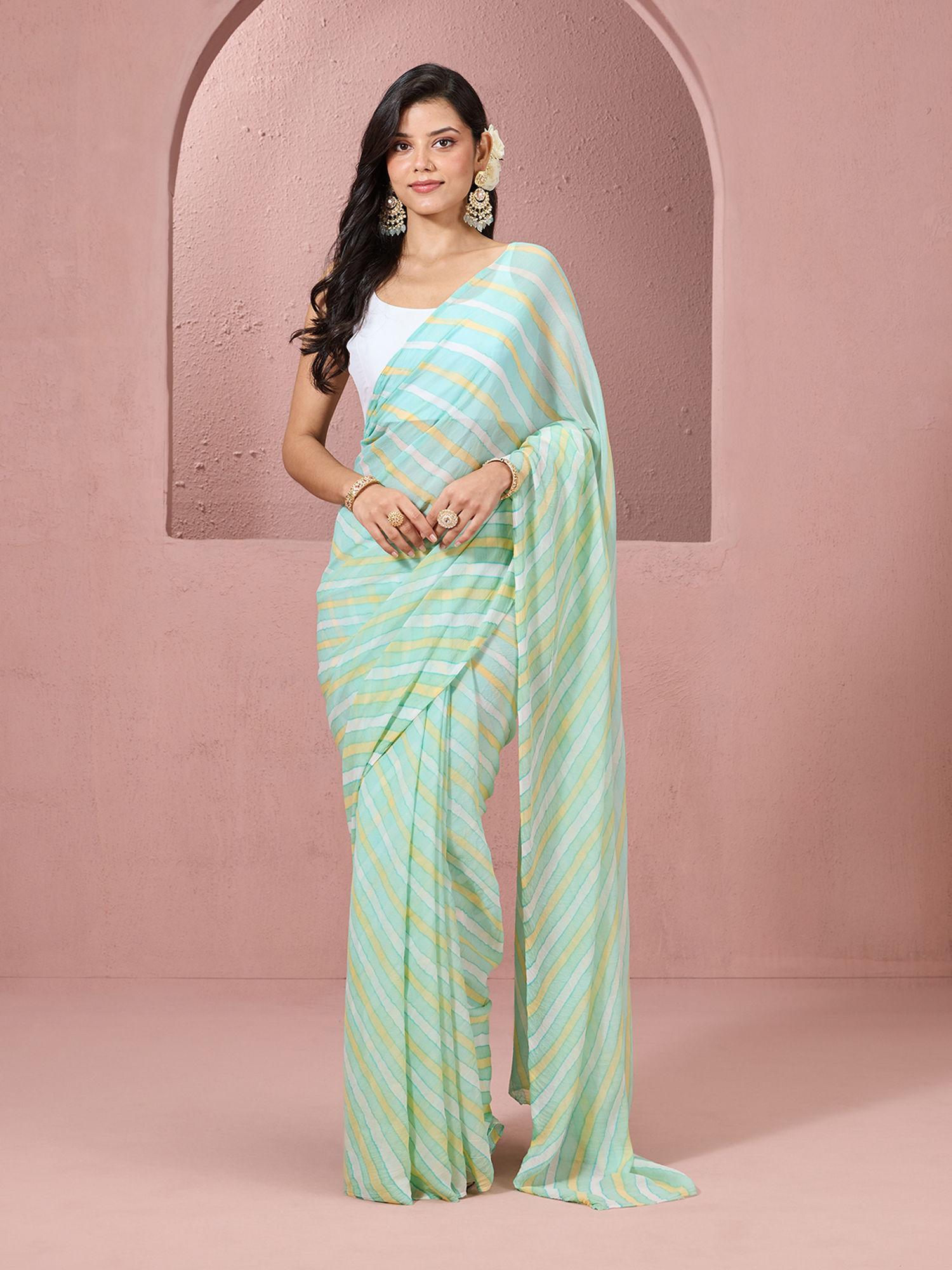 authentic hand dyed leheriya pure chiffon sea green saree & unstitched blouse