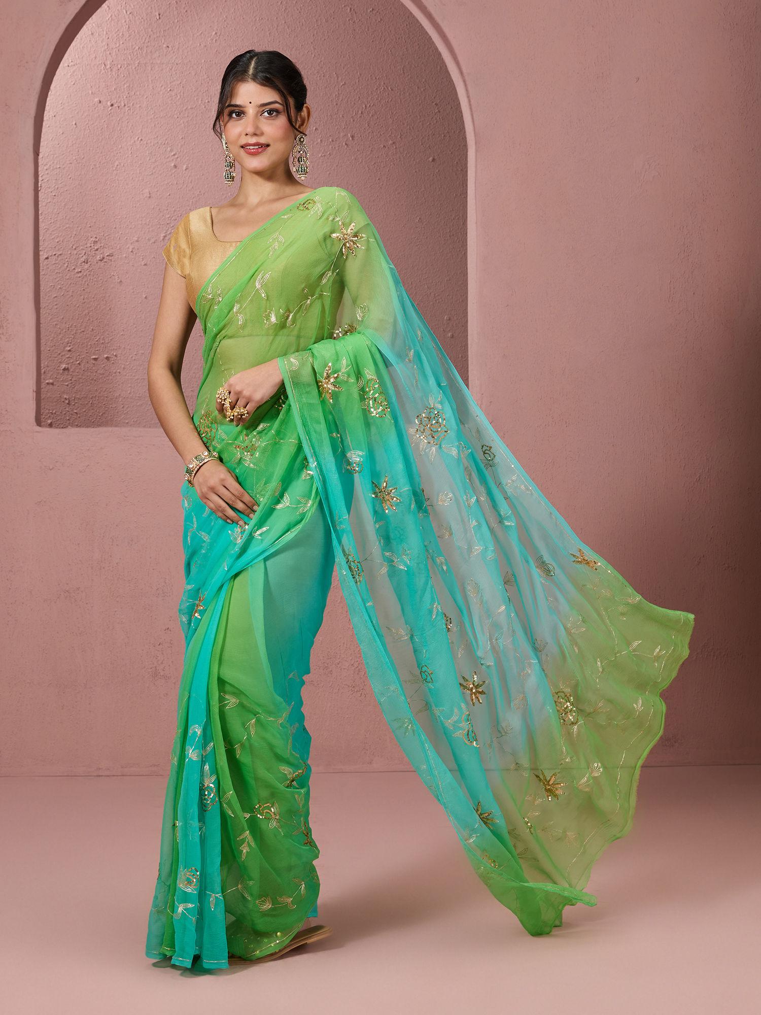 authentic heavy floral aari jaal sequined ombre effect chiffon green saree & unstitched blouse