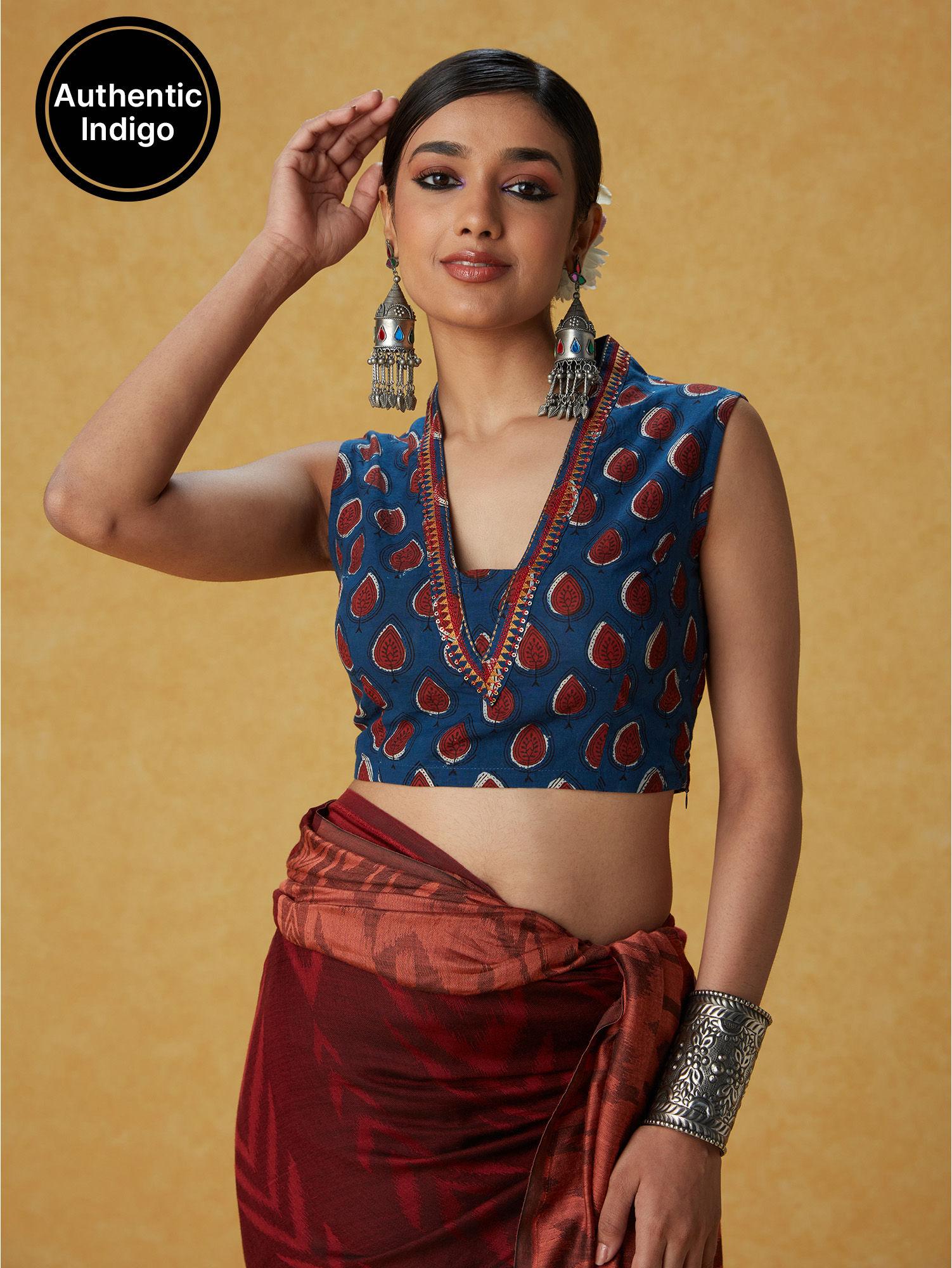authentic indigo printed sleeveless blouse with embroidery likbl12