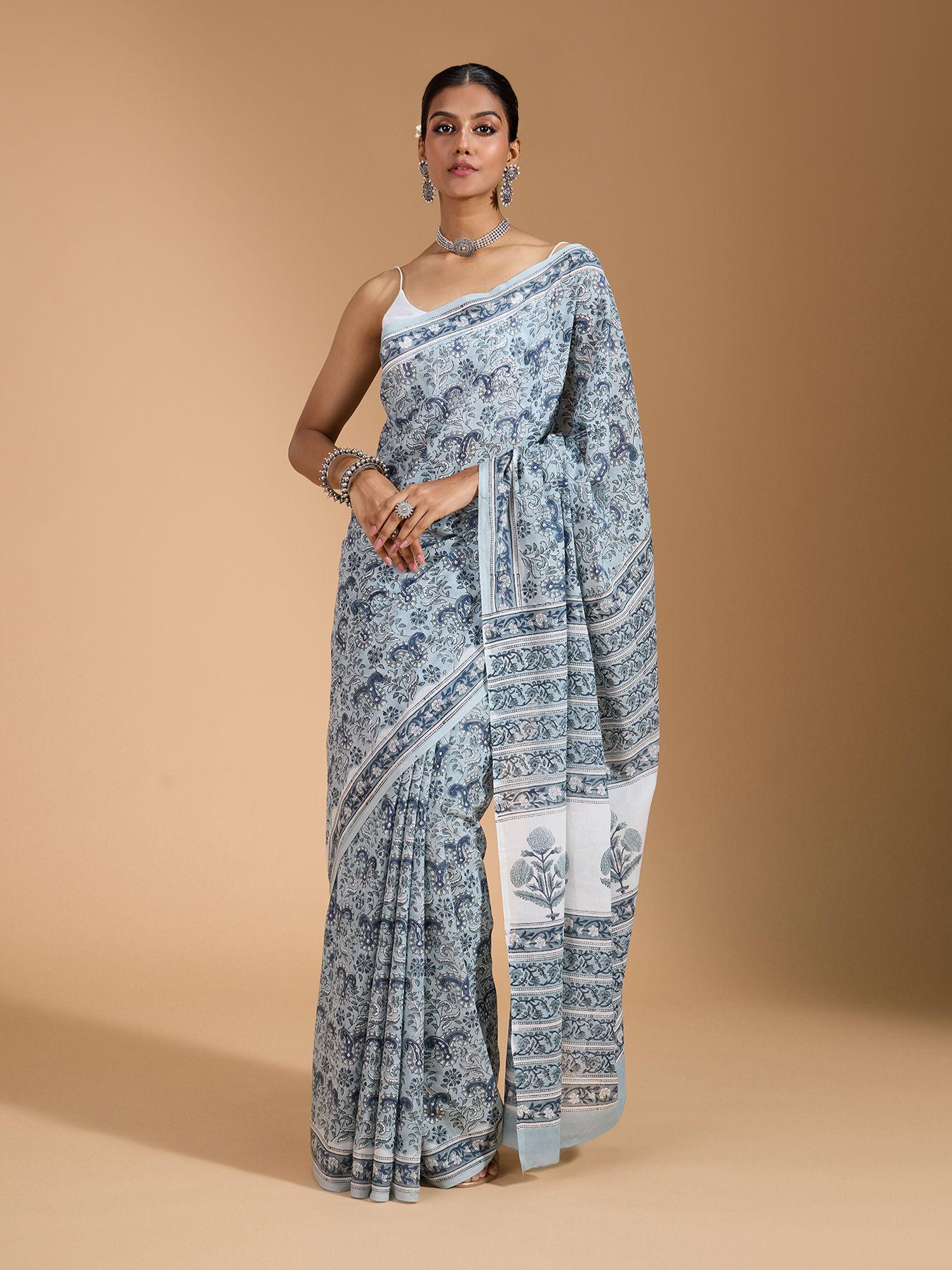 authentic sanganeri floral printed cotton hand block blue saree with unstitched blouse