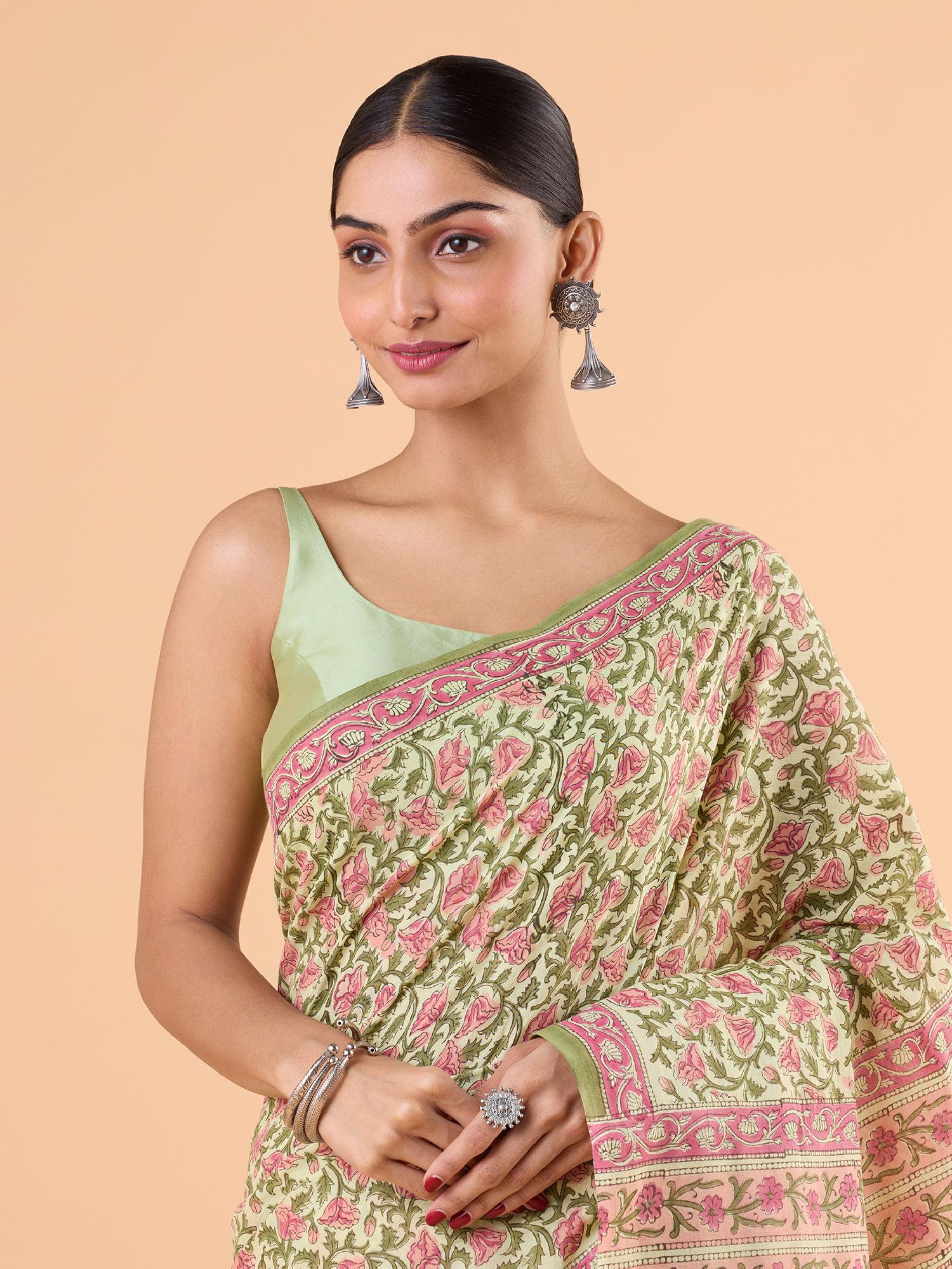 authentic sanganeri floral printed cotton hand block multi-color saree with unstitched blouse