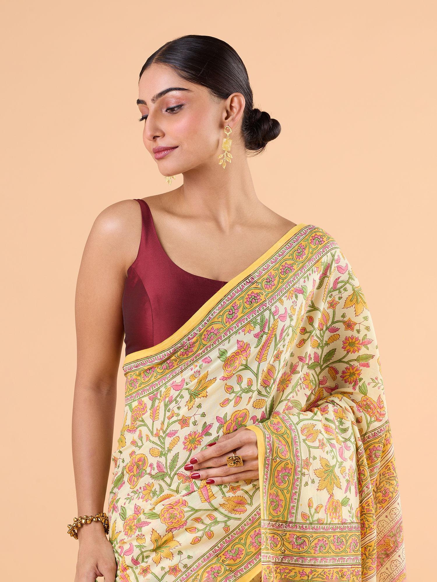 authentic sanganeri floral printed cotton hand block multi-color saree with unstitched blouse