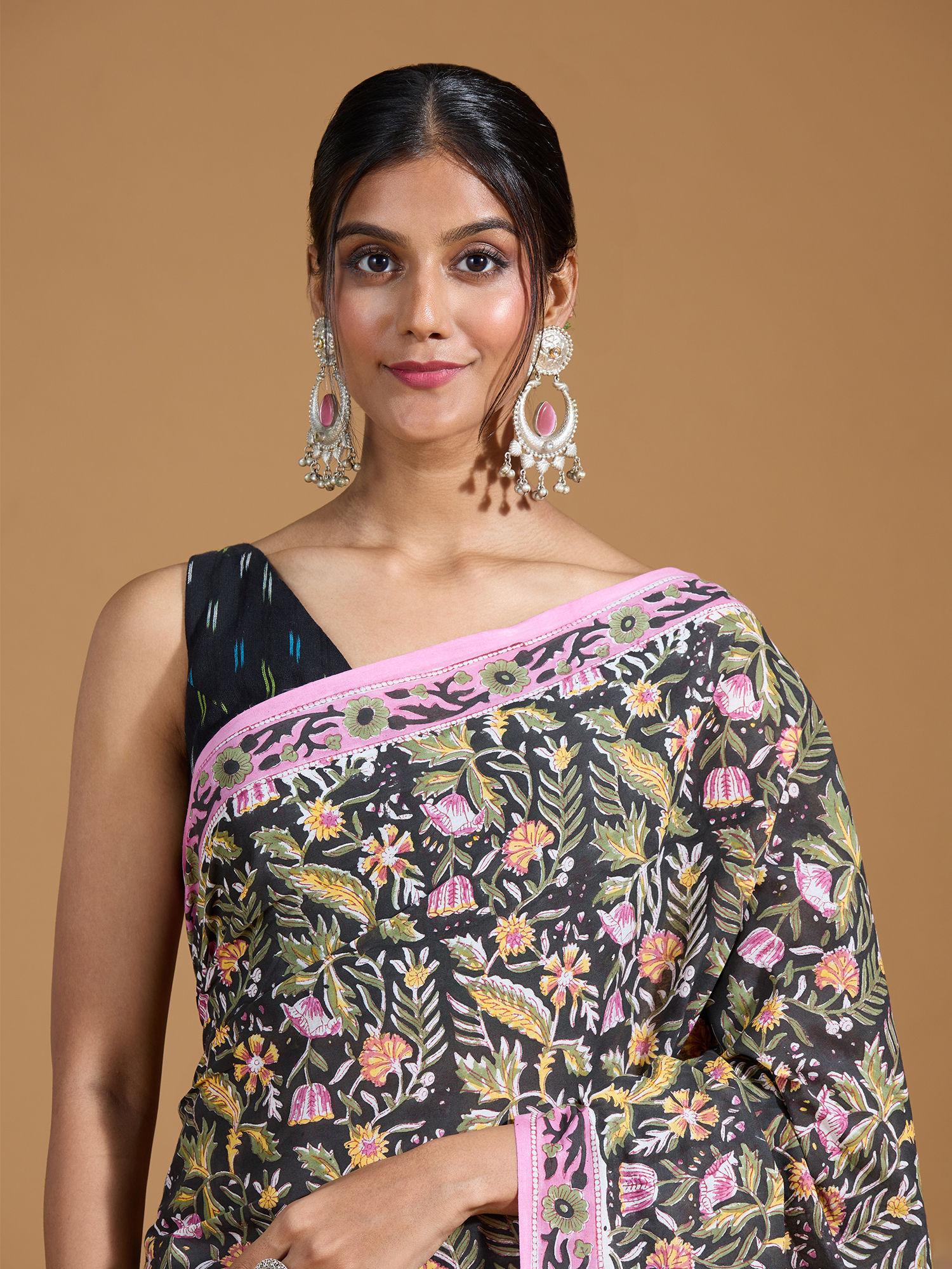 authentic sanganeri floral printed cotton hand block navy blue saree and unstitched blouse