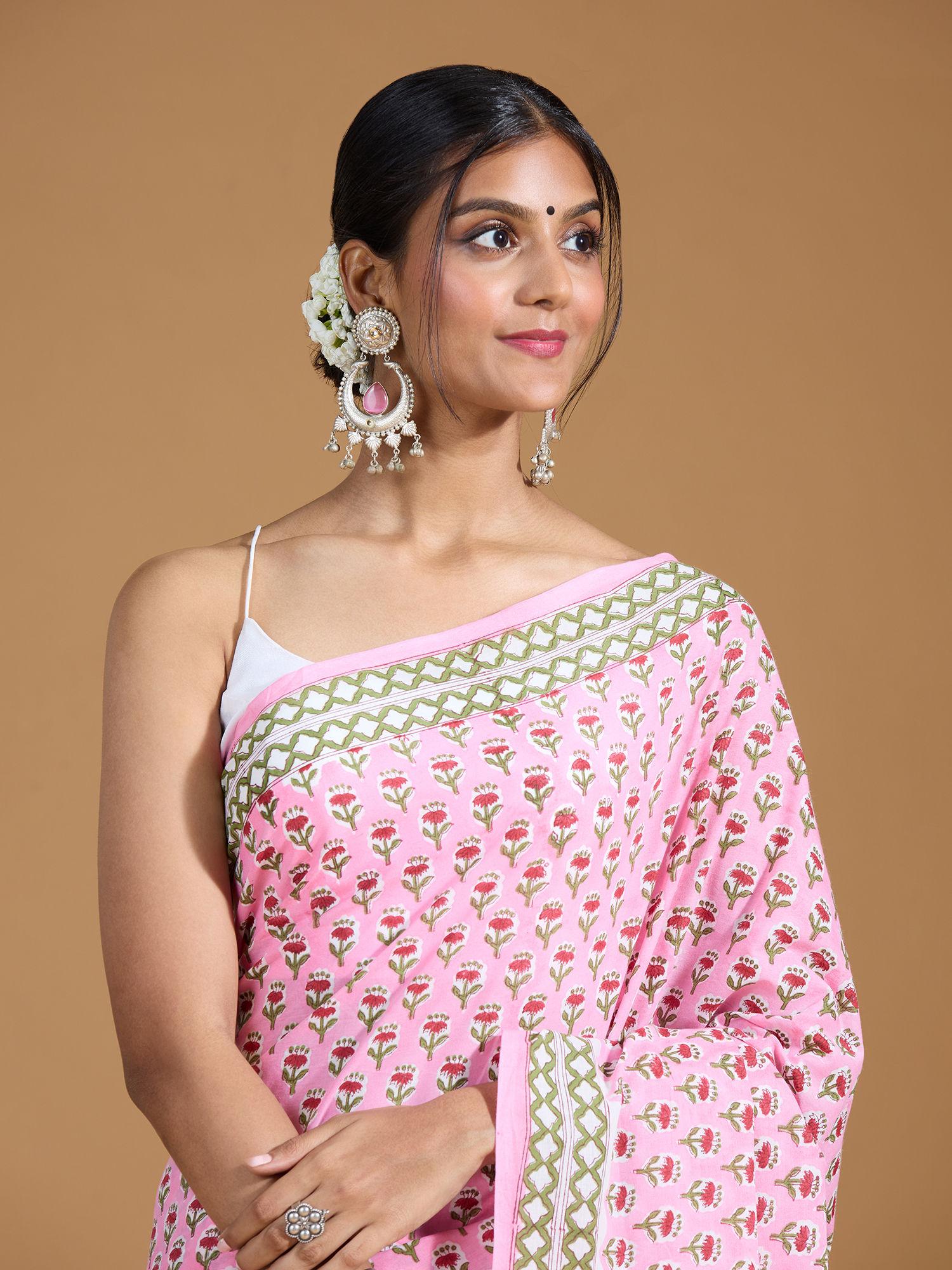 authentic sanganeri floral printed cotton hand block pink saree and unstitched blouse