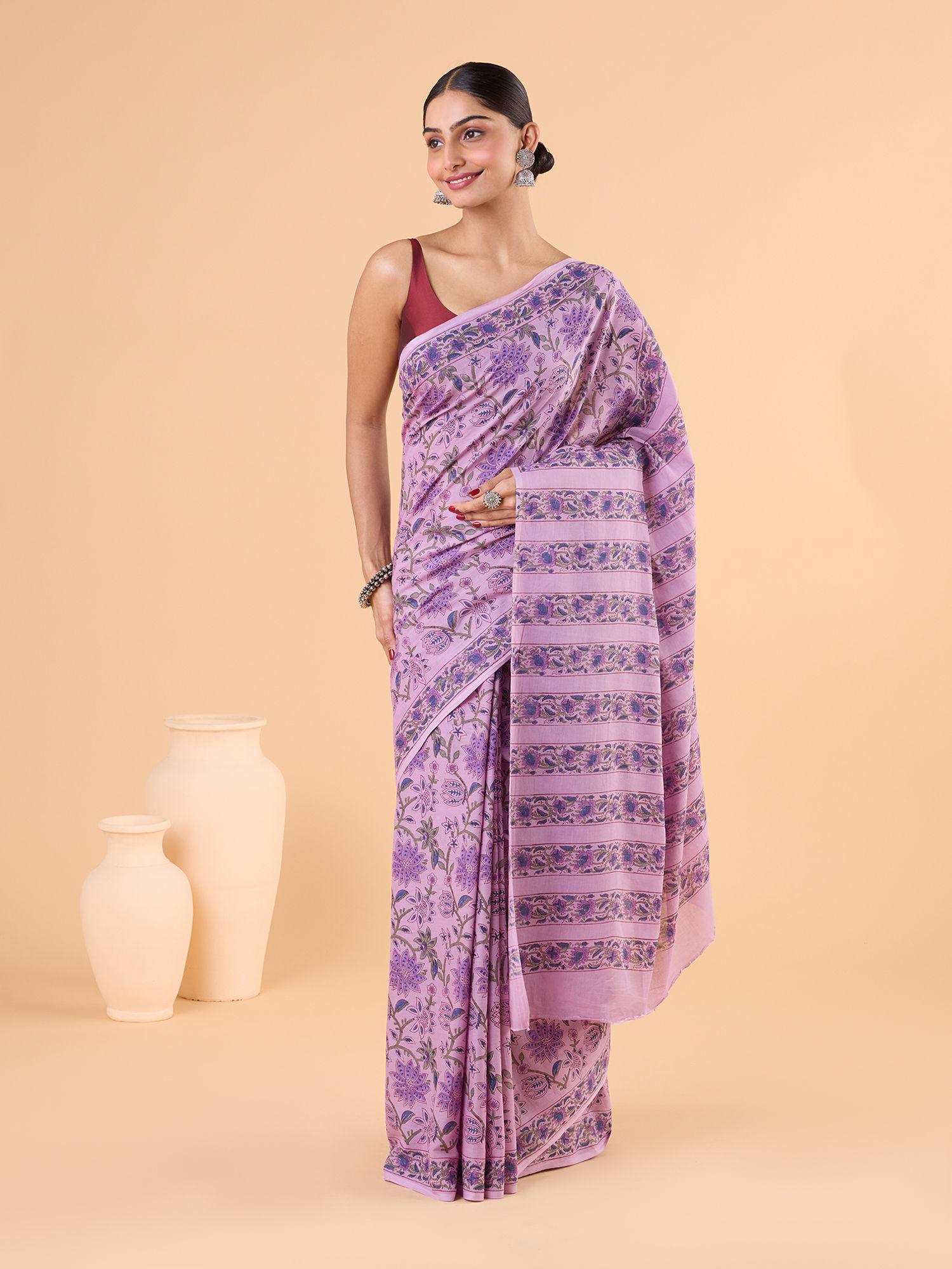 authentic sanganeri floral printed cotton hand block purple saree with unstitched blouse