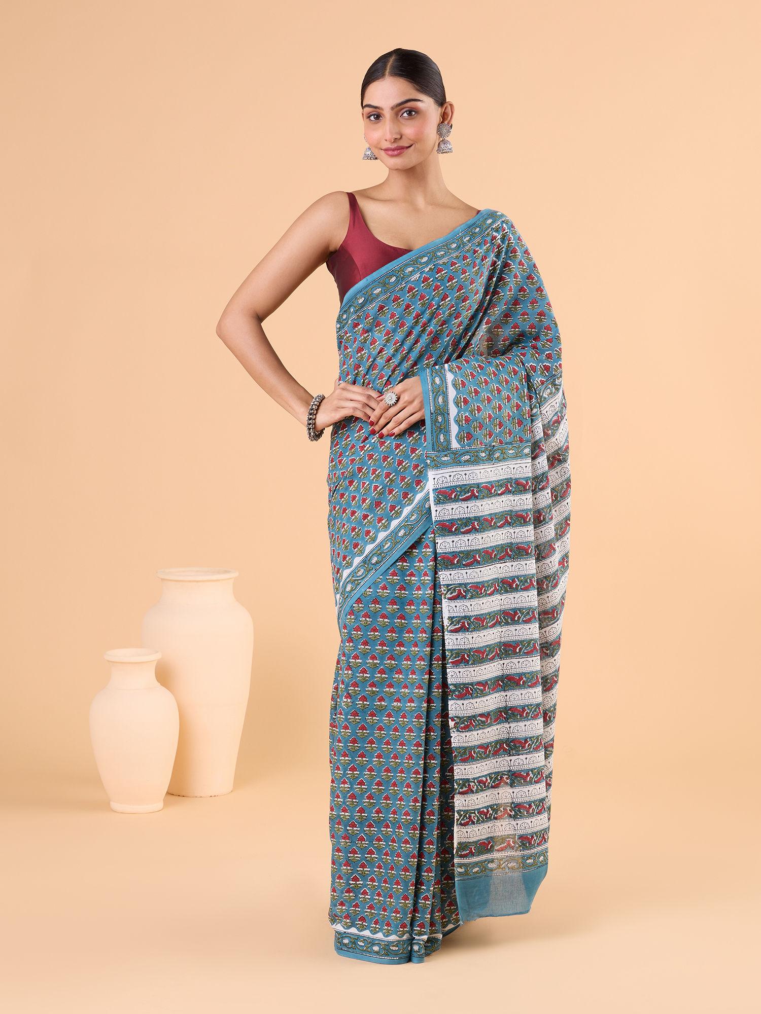 authentic sanganeri floral printed cotton hand block turquoise saree with unstitched blouse