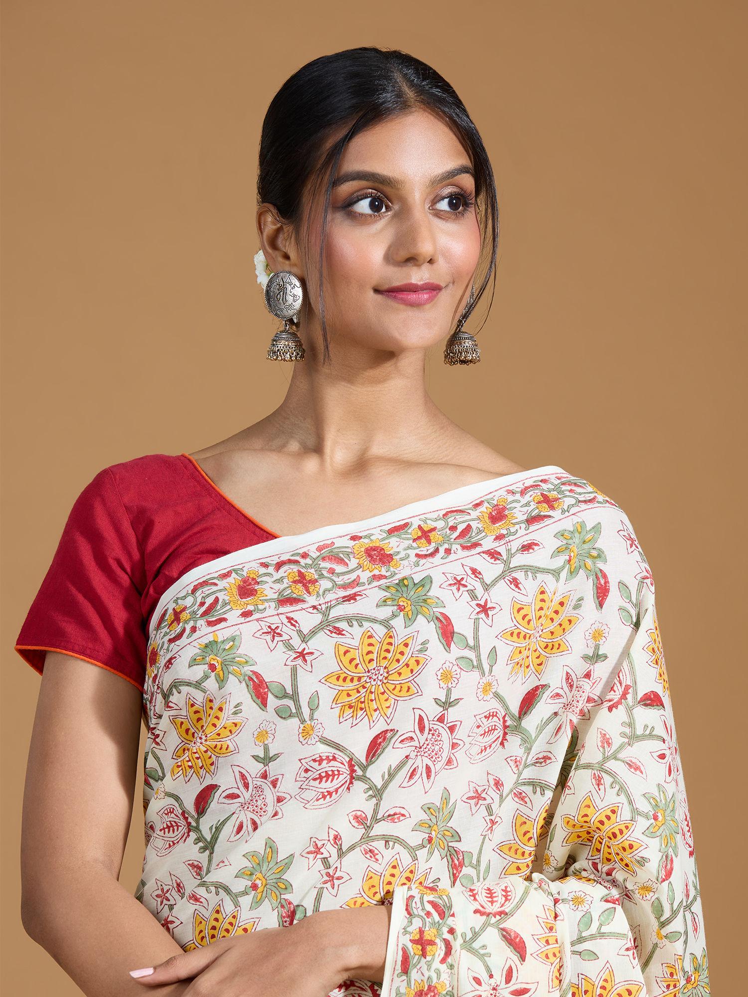 authentic sanganeri floral printed cotton hand block white saree and unstitched blouse