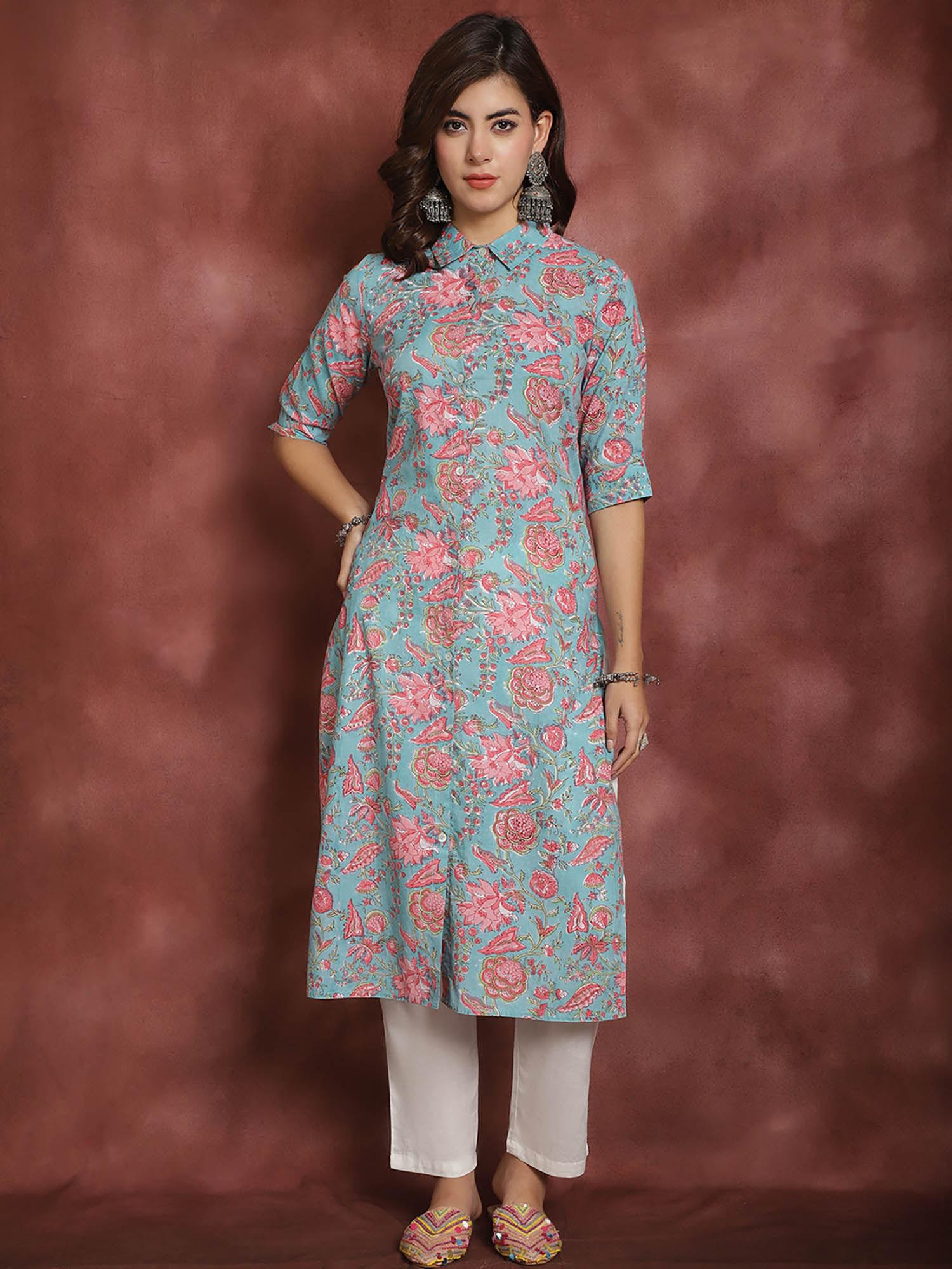 authentic women's aqua & coral floral jaal cotton handblock kurta