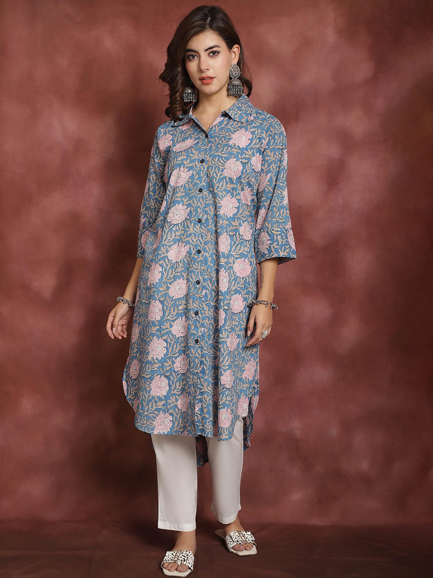 authentic women's blue & beige floral jaal print cotton handblock kurta