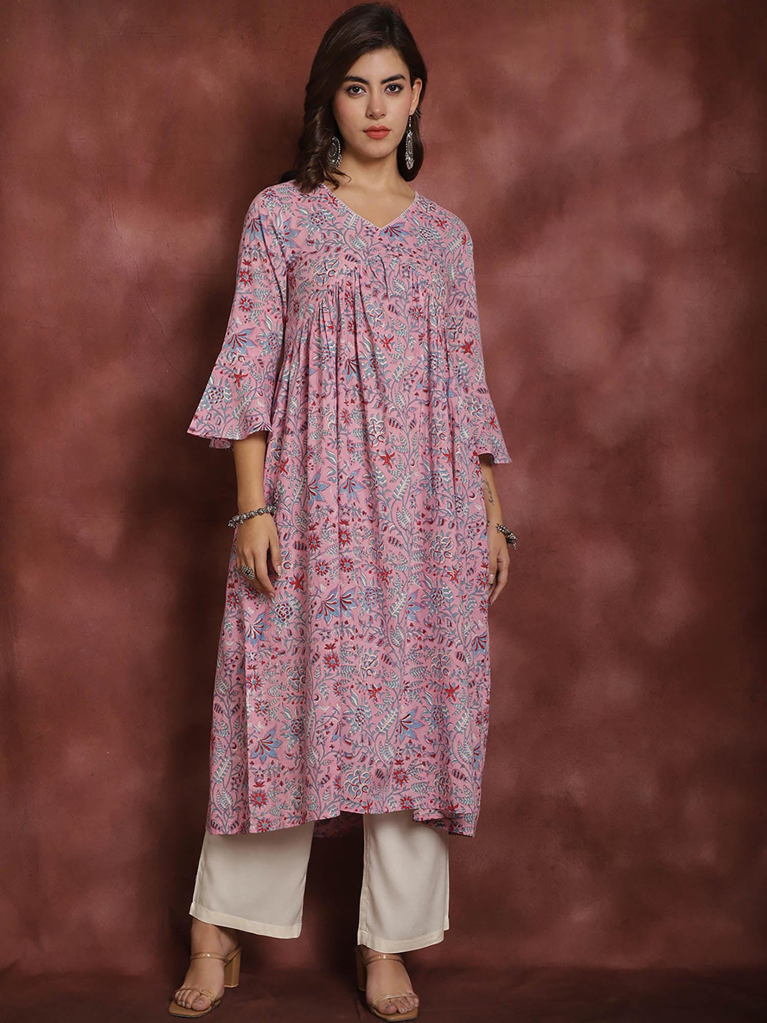 authentic women's pink & multi floral print cotton handblock kurta