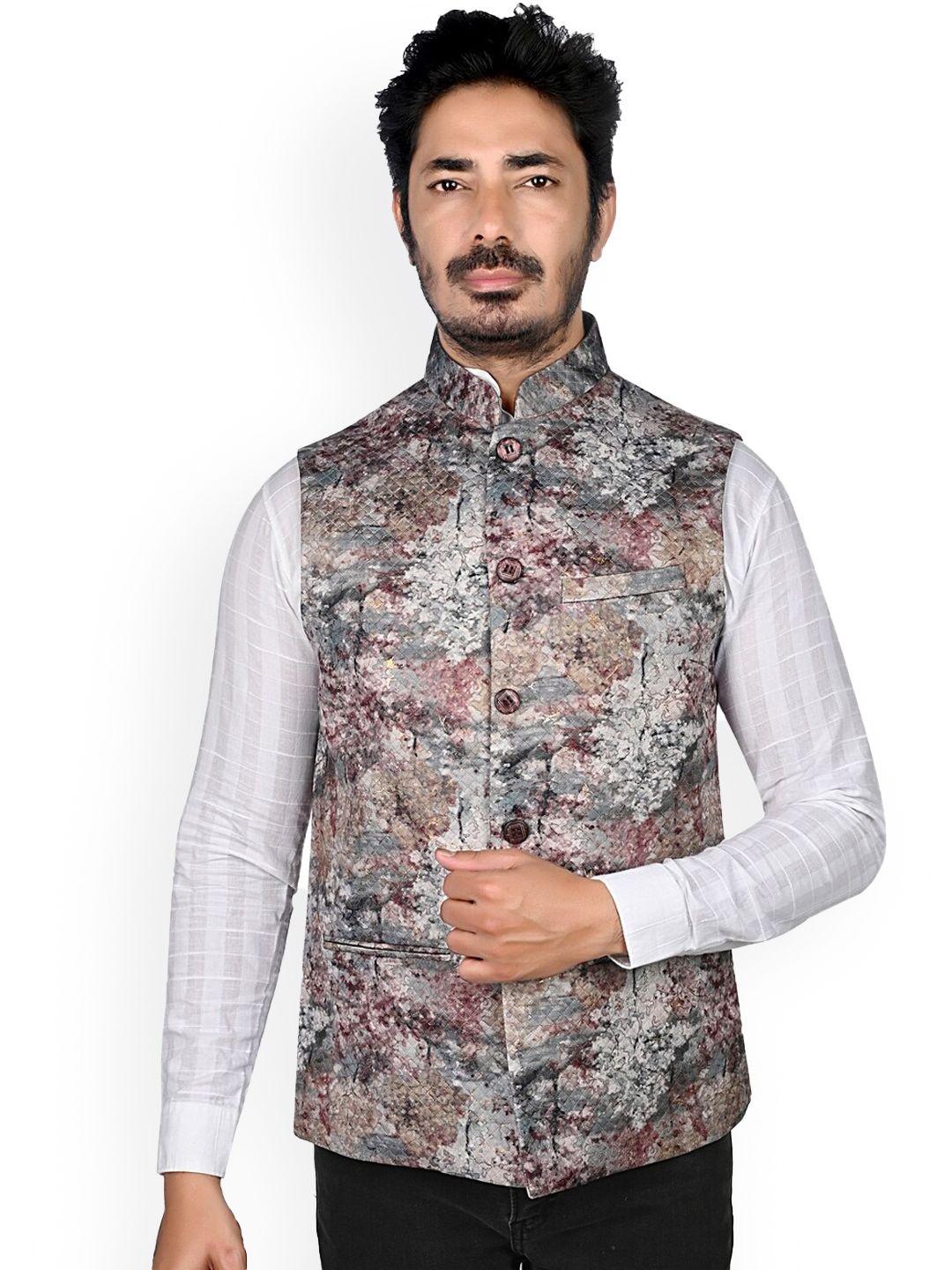 authentics abstract printed mandarin collar velvet nehru jacket