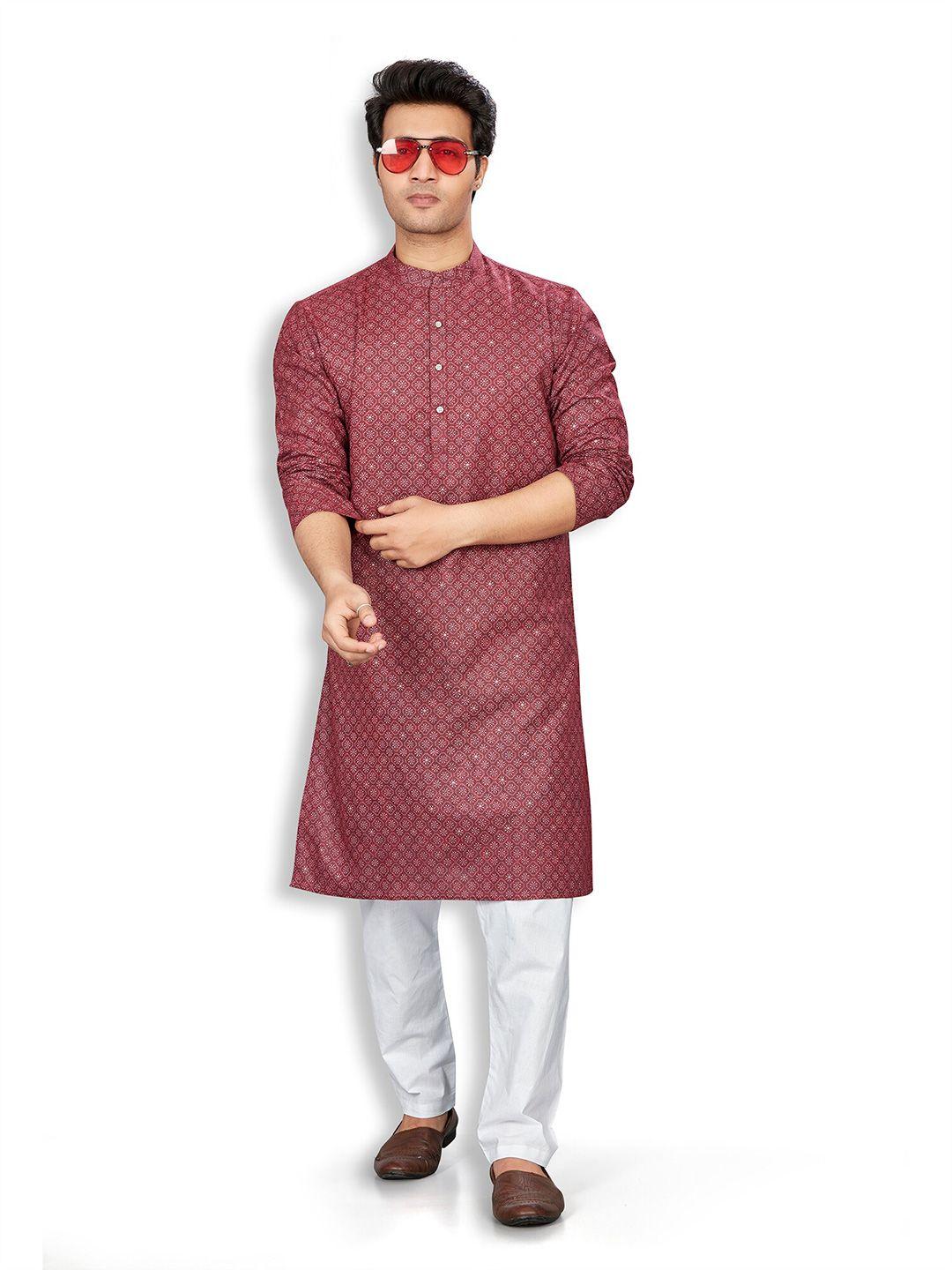 authentics mandarin collar long sleeves ethnic printed regular straight kurta with pyjamas