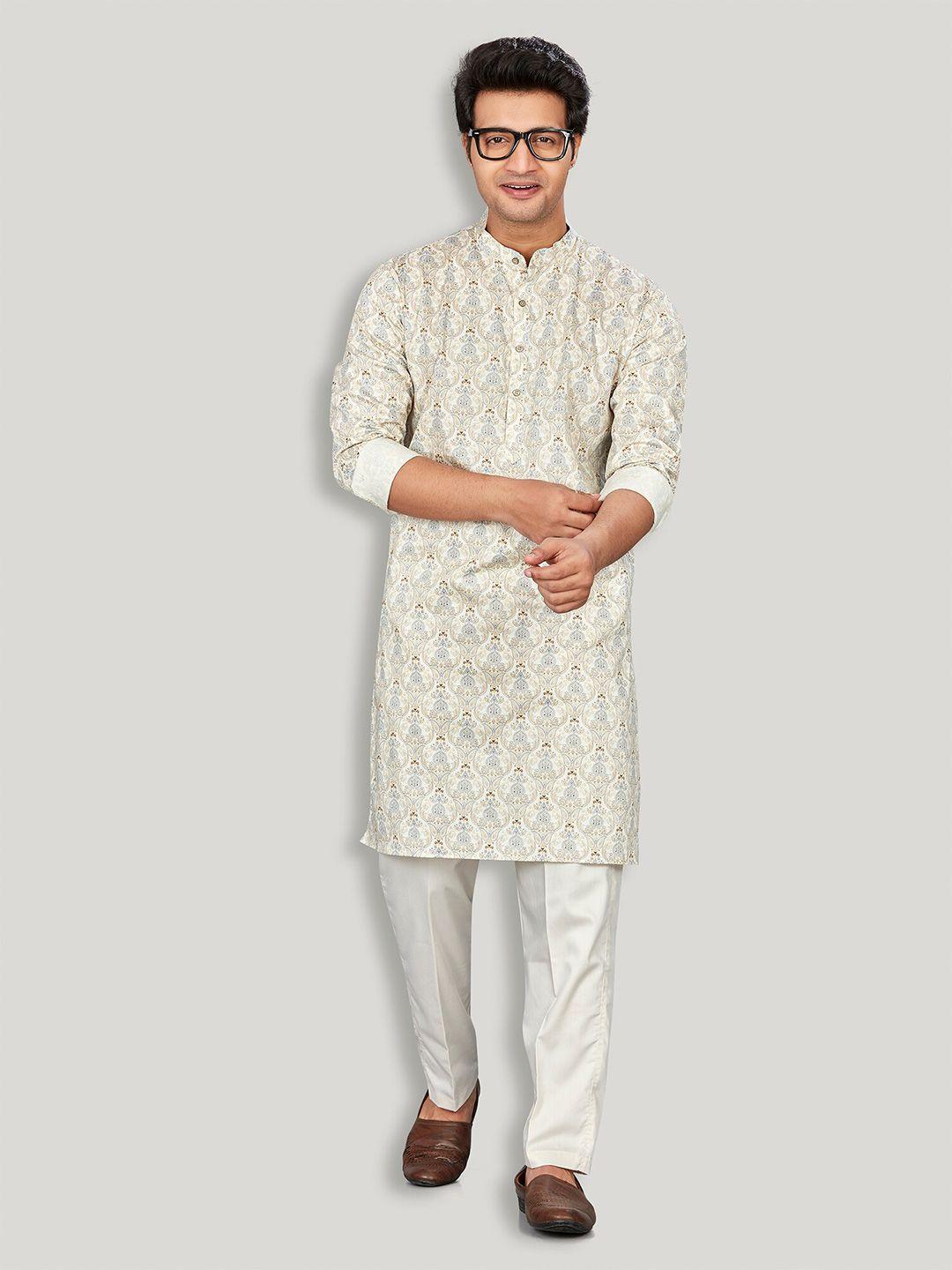 authentics mandarin collar long sleeves ethnic printed straight cotton kurta with pyjamas