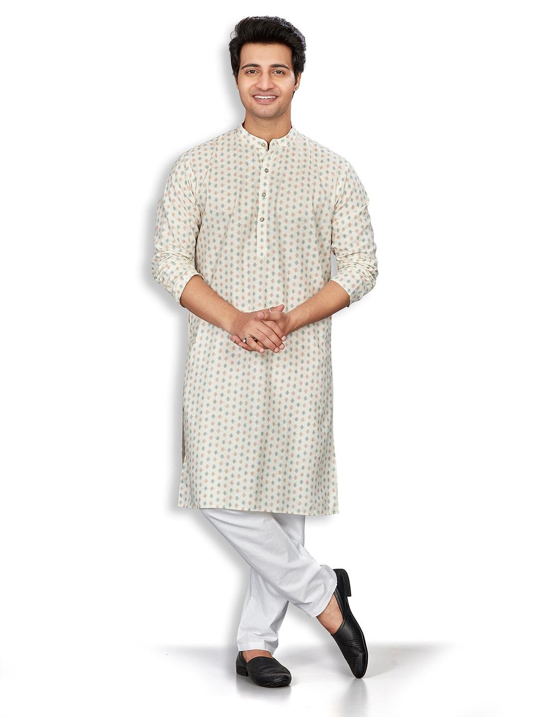 authentics mandarin collar long sleeves geometric print straight kurta with trousers