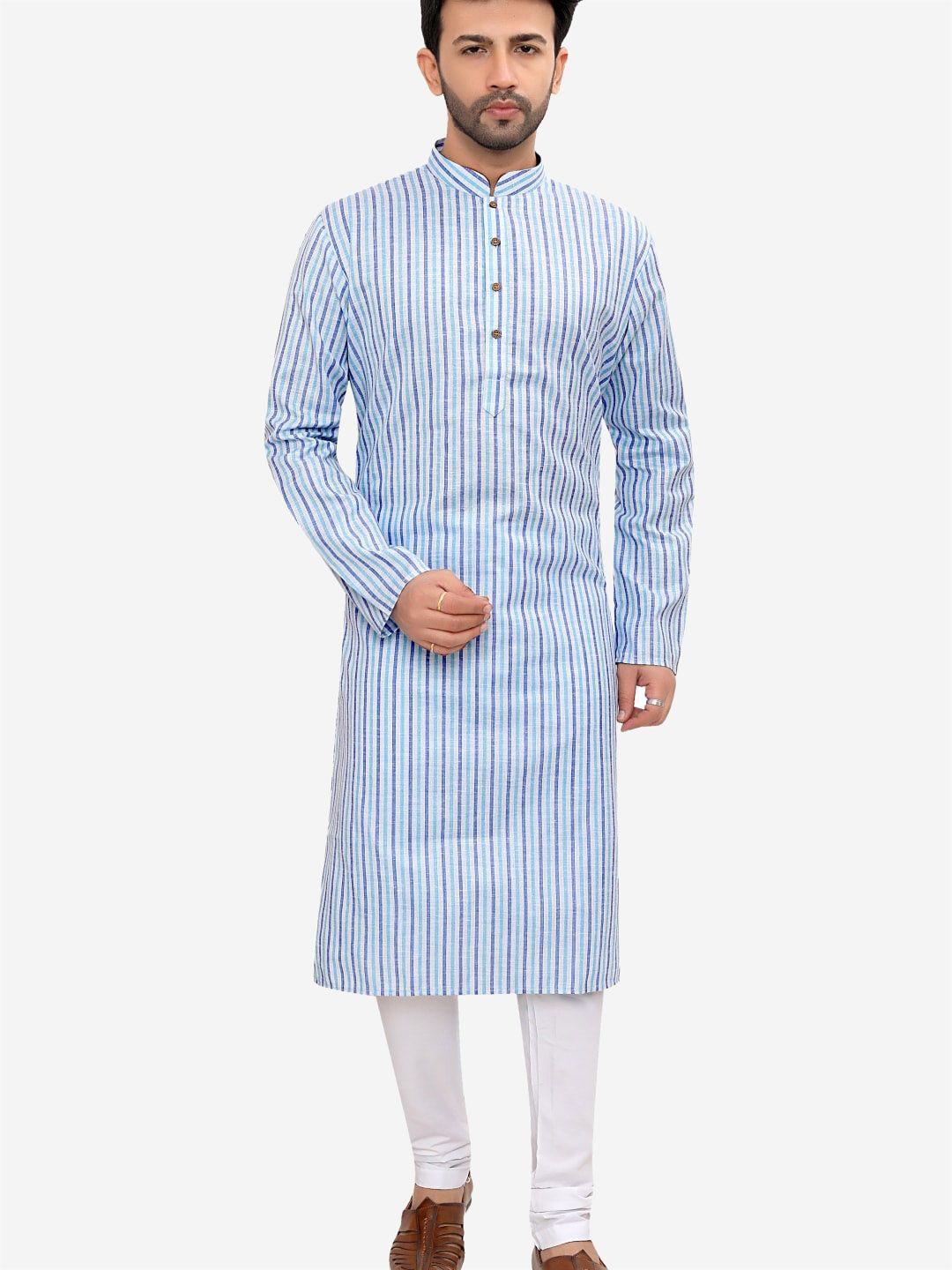authentics men blue striped regular linen kurta with pyjamas