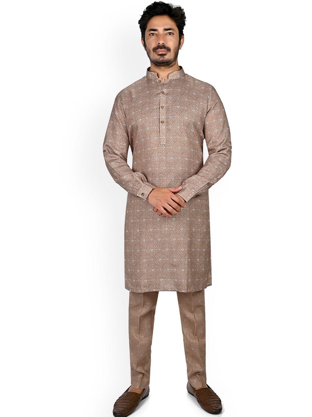 authentics men brown ethnic motifs printed regular linen kurta with trousers