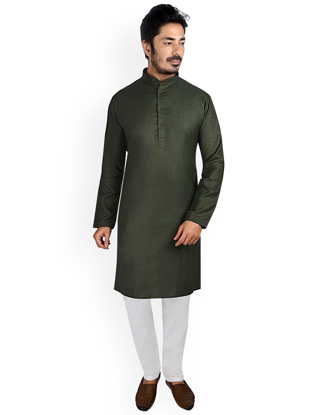 authentics men green regular pure cotton kurta with pyjamas