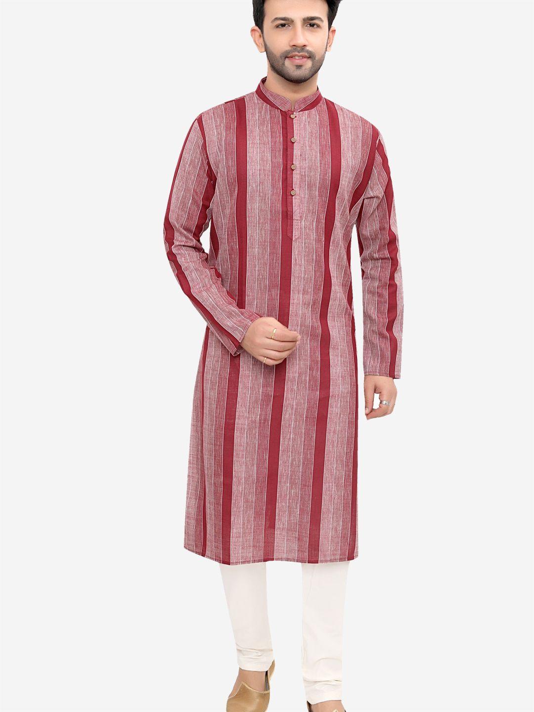 authentics men maroon striped regular linen kurta with pyjamas