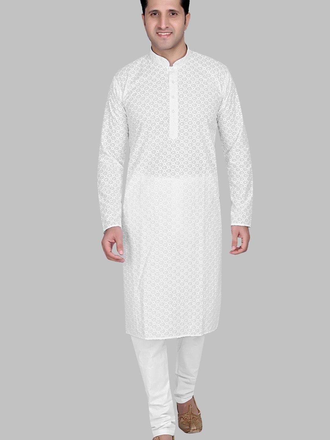 authentics men white ethnic motifs embroidered regular thread work pure cotton kurta with pyjamas