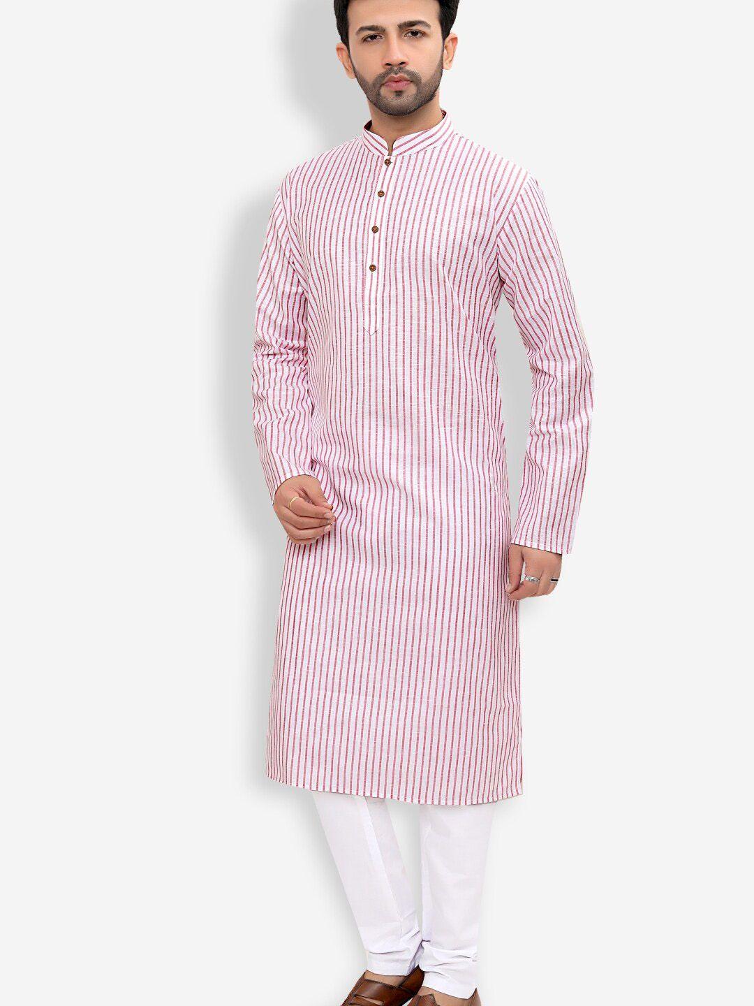 authentics men white striped regular linen kurta with pyjamas